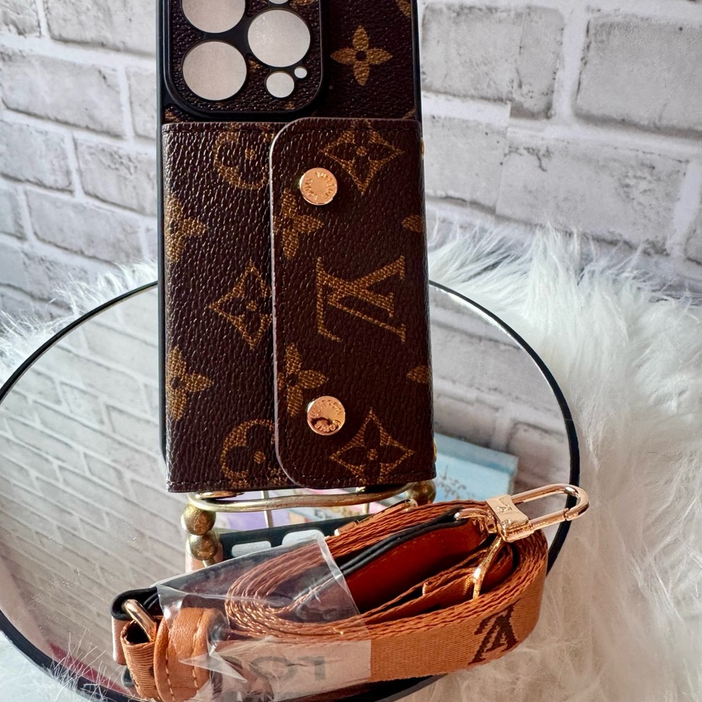 Luxury-Inspired Brown Monogram Wallet Phone Case with Detachable Strap